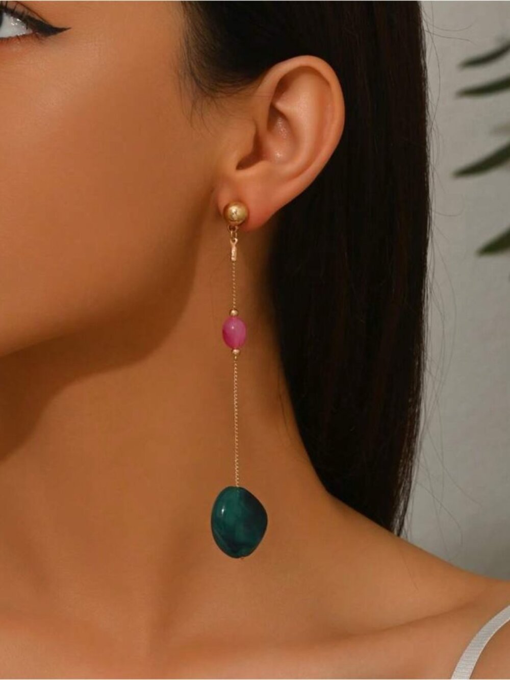Gold Pink and Teal Stones drop earrings N1467